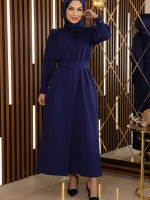 İndigo Taş Detaylı Kemerli Elbise