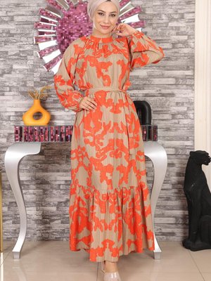 Nar Çiçeği Desenli Kemer Detaylı Elbise Nar Çiçeği Desenli Kemer Detaylı Elbise