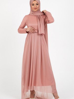 Pudra Simli Pileli Abiye Elbise
