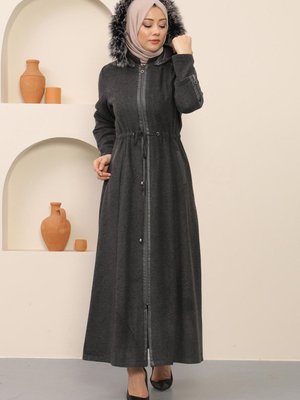 Antrasit Fermuarlı Deri Detaylı Kaşe Kaban Antrasit Fermuarlı Deri Detaylı Kaşe Kaban