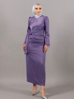 Kol Saçaklı Saten Abiye Elbise Lila