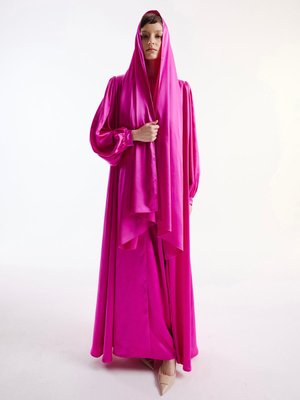 Saten Abaya Elbise Takım Gri Fuşya & Şal Saten Abaya Elbise Takım Gri Fuşya & Şal