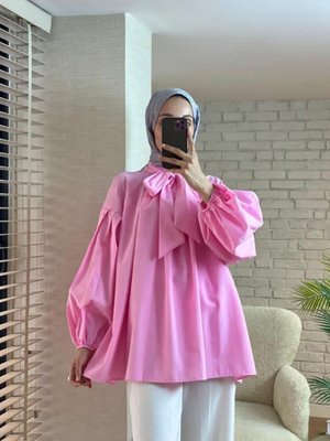 Pembe Yakası Fularlı Pileli Tunik