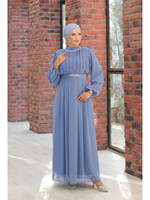 İndigo Ecrin Şifon Abiye Elbise