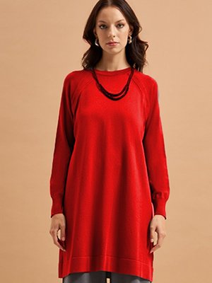 Merserize Bilek Detaylı Basic Tunik Kırmızı