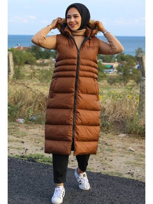 Kahverengi Bestenur Afra Çift Cepli Kapüşonlu Şişme Yelek