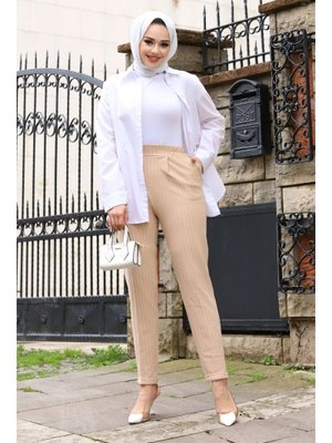 Bej Double Paça Çizgili Havuç Pantolon Bej Double Paça Çizgili Havuç Pantolon