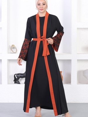 Kiremit Dantel Detaylı Abaya