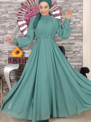 Mint Taş Detaylı Şifon Abiye Elbise