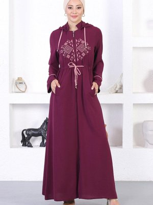 Mürdüm Nakışlı Kapüşonlu Ferace