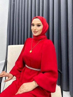 İnci Kemerli Krep Elbise