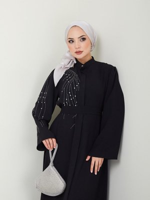 Numara Moda Giyim Ön Ve Kol Taşlı Detaylar Ferace Elbise