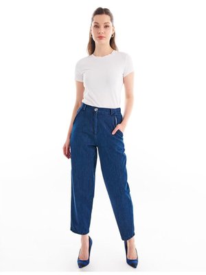 Beli Lastikli Denim Havuç Pantolon Lacivert