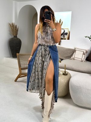 Mavi Yılan Derisi Şifon Garnili Uzun Kot Etek