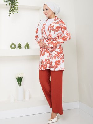 Kiremit Çiçek Desenli Kapamasız Kuşaklı Kimono Takım