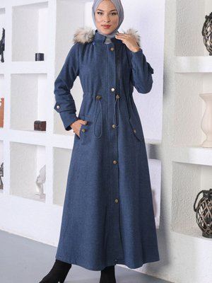 İndigo Beli Lastikli Kaşe Kaban