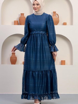 İndigo İnci Detaylı Dantel Abiye Elbise