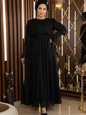 Siyah Taş Detaylı Simli Şifon Abiye Elbise