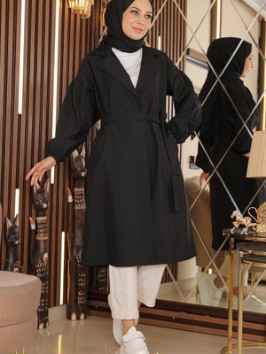 Siyah Geniş Yaka Kuşaklı Trençkot