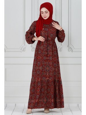 Kırmızı Çini Desen Beli Tünelli Viskon Elbise Kırmızı Çini Desen Beli Tünelli Viskon Elbise