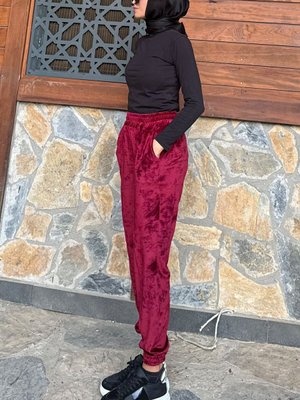 Bordo Cockato Nervürlü Paçaları Lastikli Eşofman Altı