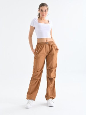 Camel Paraşüt Kumaş Lastikli Bel Pantolon