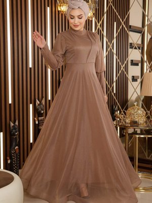 Vizon Manşeti Fermuar Detaylı Simli Abiye Elbise