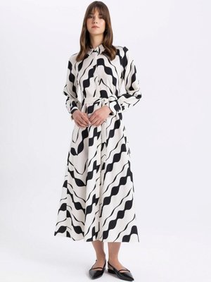 Yaka Desenli Uzun Kollu Maxi Basic Gömlek Elbise C6160ax24sm