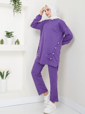 Mor Düğme Detaylı Crep Takım