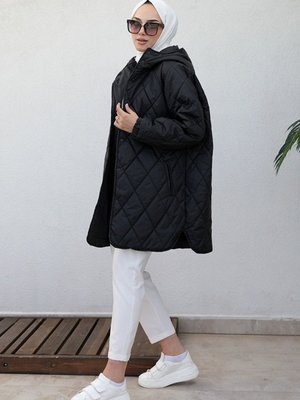 Buğu Baklava Desen Çift Cepli Mont Siyah