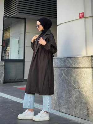 Balon Kol Belden Bağlamalı Trençkot Kahverengi Balon Kol Belden Bağlamalı Trençkot Kahverengi