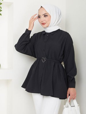 Siyah Gömlek Yaka Kalp Detaylı Tunik Siyah Gömlek Yaka Kalp Detaylı Tunik
