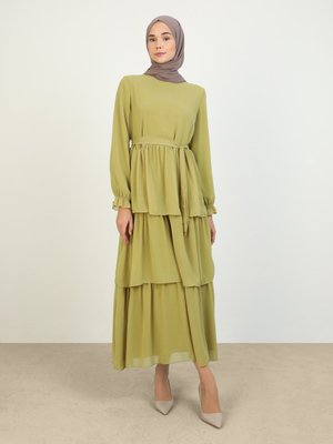 Yağ Yeşili Şifon Kat Kat Elbise