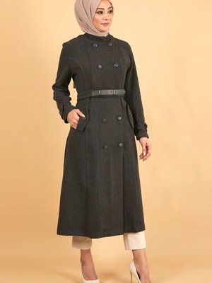 Antrasit Deri Kemerli Kaşe Kaban Antrasit Deri Kemerli Kaşe Kaban