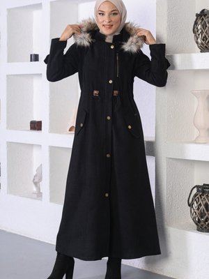 Siyah Beli Lastikli Kaşe Kaban Siyah Beli Lastikli Kaşe Kaban