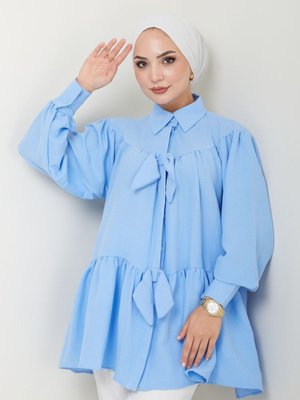 Mavi Fiyonk Detaylı Gömlek Yaka Tunik Mavi Fiyonk Detaylı Gömlek Yaka Tunik