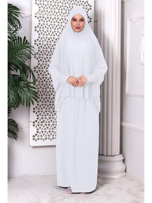 Beyaz İki Parça Peçeli Penye Namaz Elbisesi