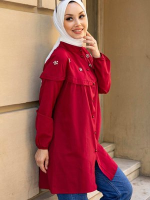 Düz Hakim Yaka Bordo Tunik