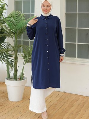 Armine Trend Kolları Ribanalı Düğmeli Tunik Lacivert Armine Trend Kolları Ribanalı Düğmeli Tunik Lacivert