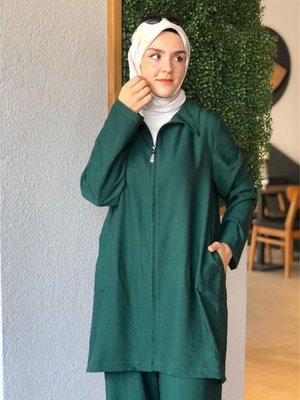 Kısa Fermuarlı Hırka Yeşil