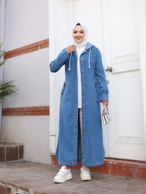 Kadın Cepli Düğmeli Kapüşonlu Denim Kot Trençkot Kadın Cepli Düğmeli Kapüşonlu Denim Kot Trençkot