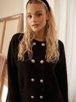 Gold Düğme Detaylı Tüylü Siyah Hırka