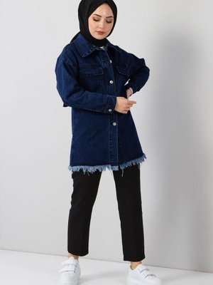 Lacivert Püskül Detaylı Kot Ceket Lacivert Püskül Detaylı Kot Ceket
