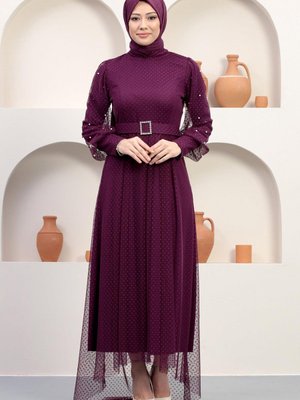 Mürdüm Kemeri Taşlı Tül Abiye Elbise