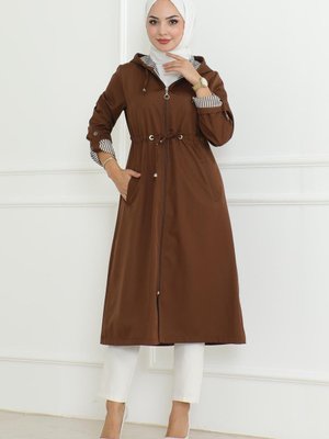 Taba Kapüşonlu Fermuarlı Trençkot