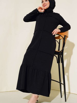 Siyah Önü Çımalı Geniş Elbise Siyah Önü Çımalı Geniş Elbise