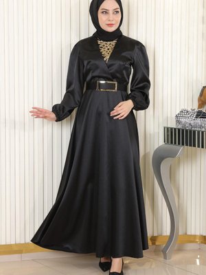 Siyah Taş Detaylı Saten Abiye Elbise