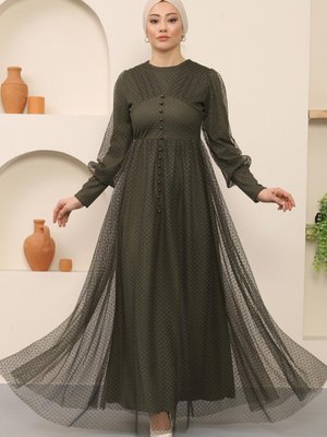 Haki Düğme Detaylı Tül Abiye Elbise Haki Düğme Detaylı Tül Abiye Elbise