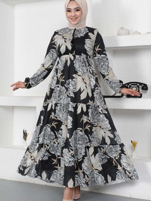 Siyah Çiçek Desenli İp Detaylı Elbise Siyah Çiçek Desenli İp Detaylı Elbise