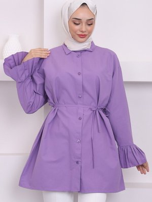 Mor Beli İpli Balon Kol Tunik